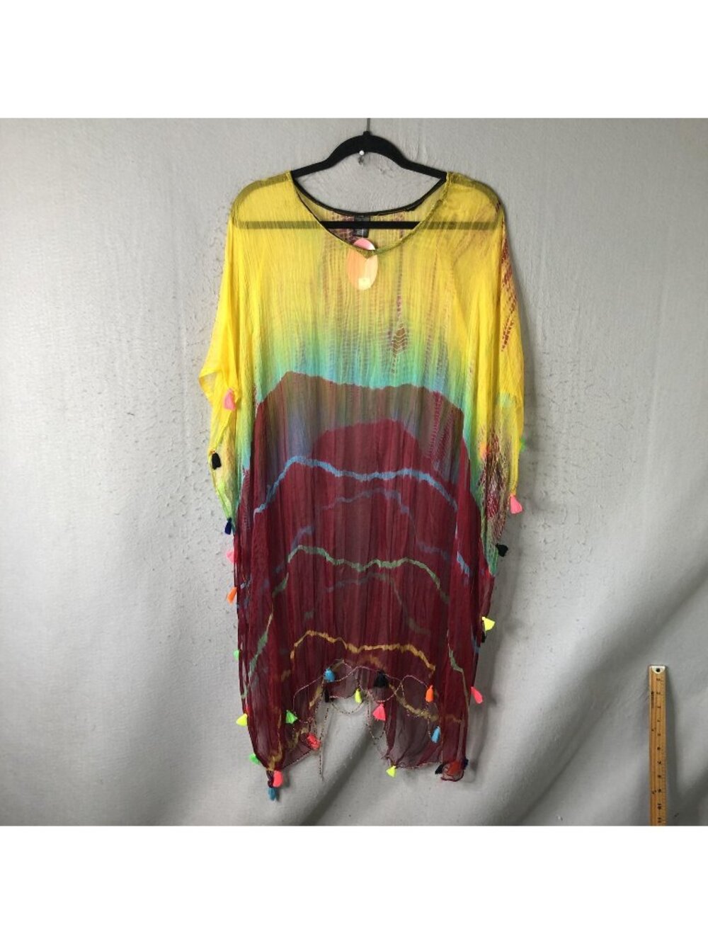 Raj Cover Up Kaftan Womens One Size Multicolor Silk Tie Dye Tassel Boho Beach